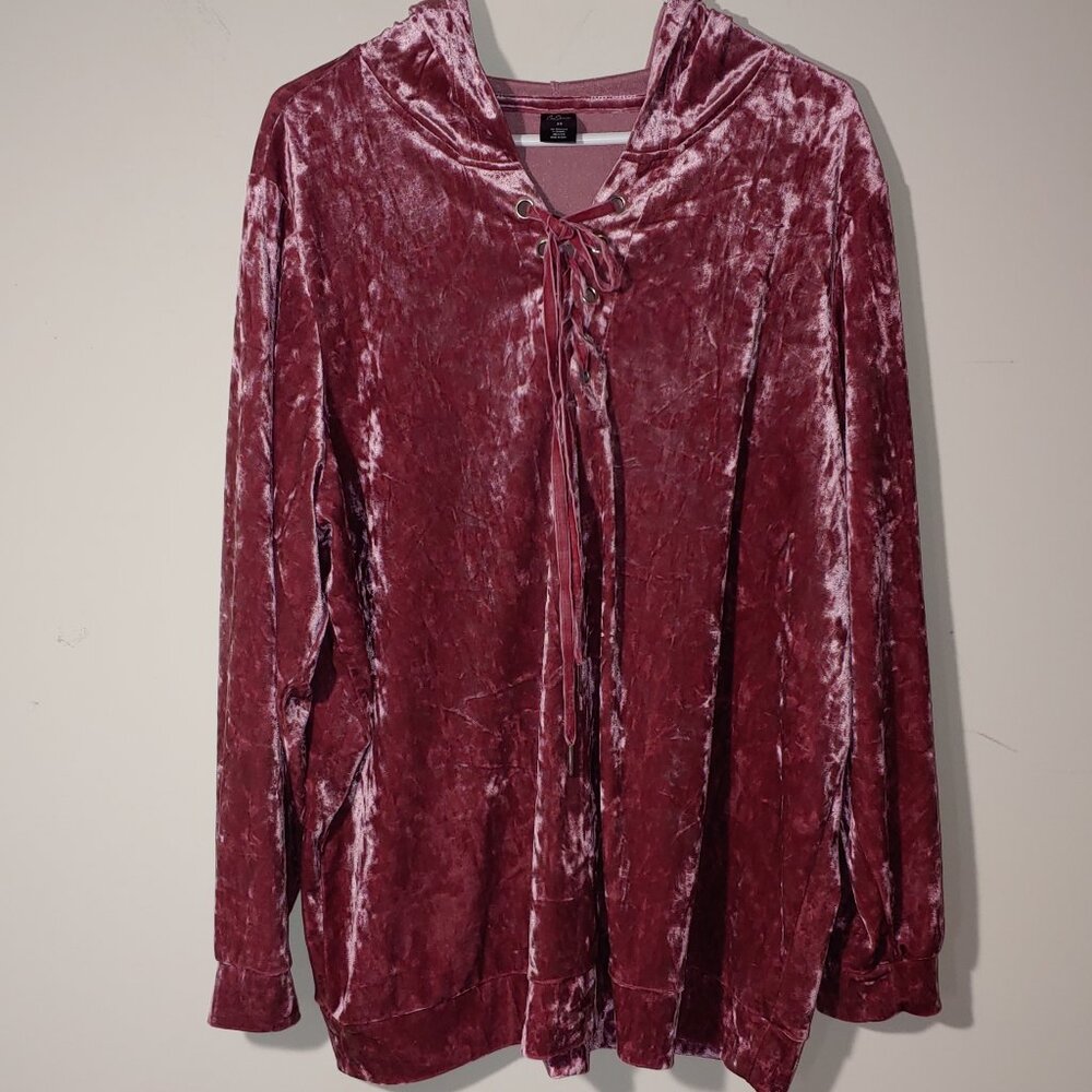 City Streets Crushed Velvet Lace Up Hoodie Size 2X Mauve